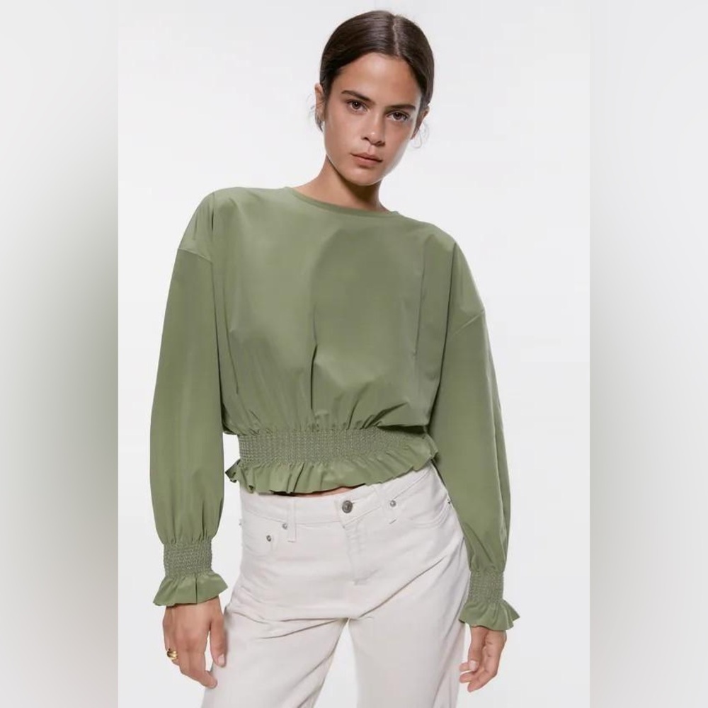 Zara Olive Green Long Sleeve Smocked Waist Blouse